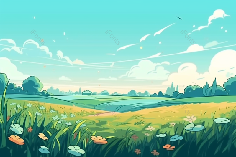 蓝色白云草地植物卡通背景,插画/手绘图,插画/手绘图库,插画/手绘图下载,插画/手绘